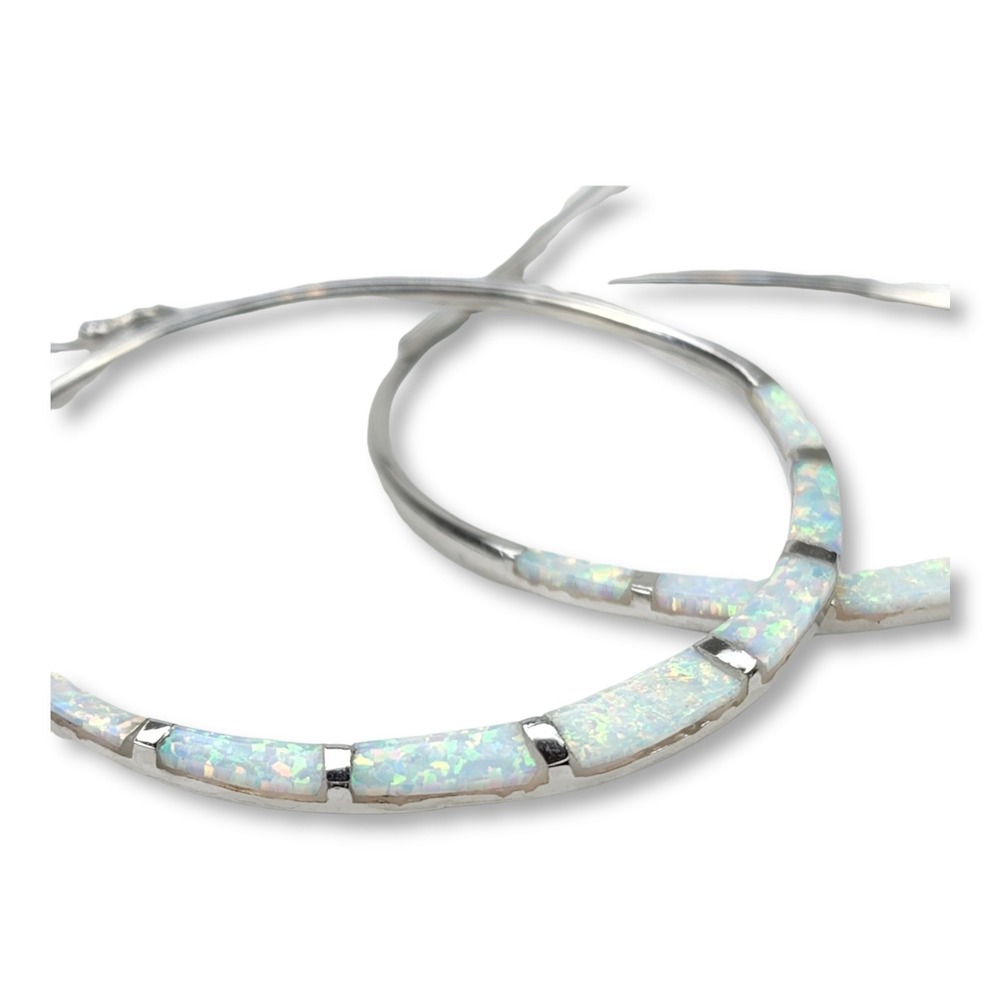 Sterling Silver 925 Southwestern Faux Opal Channel Inlay Large Hoop Earrings - Picture 9 of 9